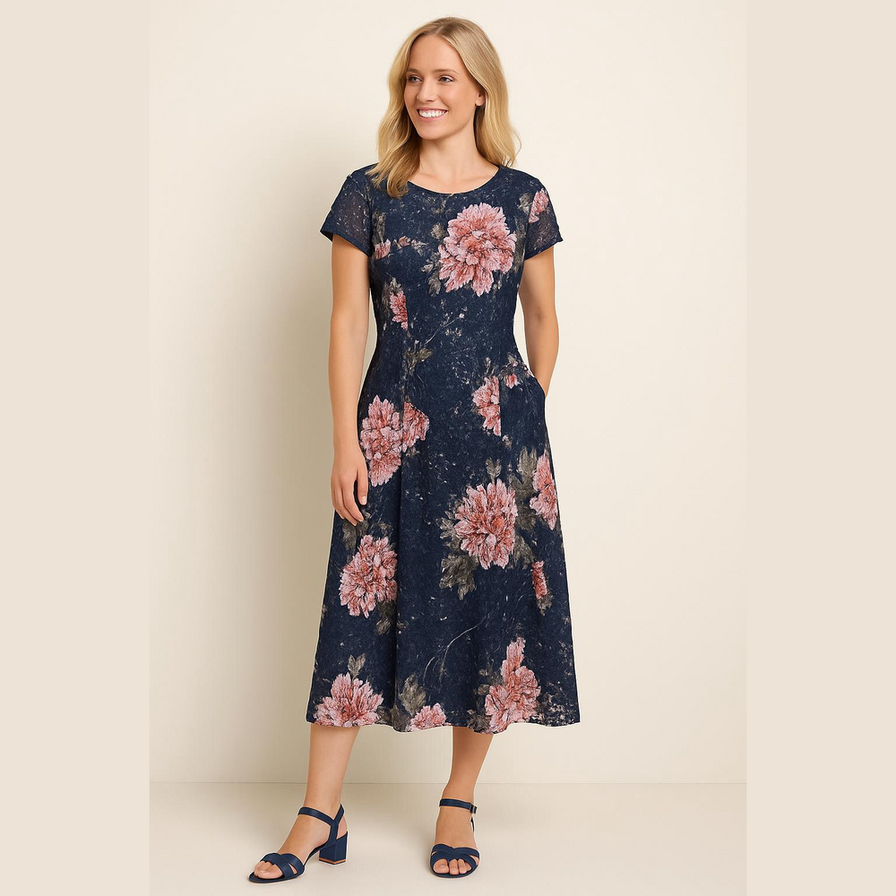 IGNITE EVENINGS Women’s Short Hair Midi Floral Navy Lace Dress Sz 6